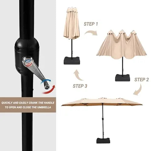 15 Ft Dual-Sided Outdoor Patio Umbrella With Crank Lift, UPF50+ Terylene Fabric Canopy And Heavy Base For Garden Deck Poolside