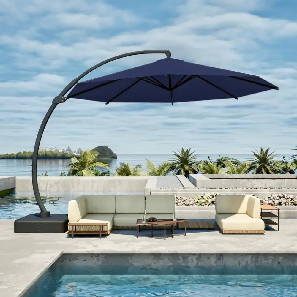 Cantilever Umbrella with Base Large Curvy Outdoor Aluminum Offset Umbrella w 360 Rotation, UV Resistant Canopy for Patio, Garde
