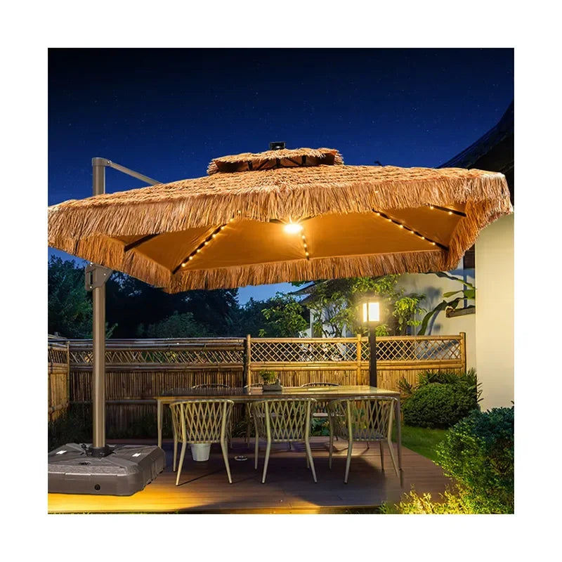 [280 Grams Canopy Polyester]Wholesale 12ft Solar LED Parasol &150kg Wheels Base Outdoor Cantilever Patio Garden Umbrella