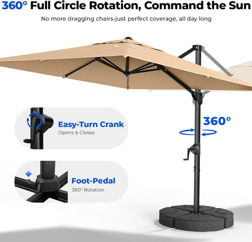 10 x 10 Cantilever Patio Umbrella With Counterweight Base Included Large Square Offset Outdoor Umbrella 360 Degree Rotation Heavy Duty Aluminum Frame 6 Tilts Sun Shade Canopy For Deck Pool Beige