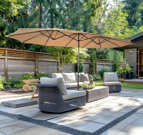 15 Ft Dual-Sided Outdoor Patio Umbrella With Crank Lift, UPF50+ Terylene Fabric Canopy And Heavy Base For Garden Deck Poolside