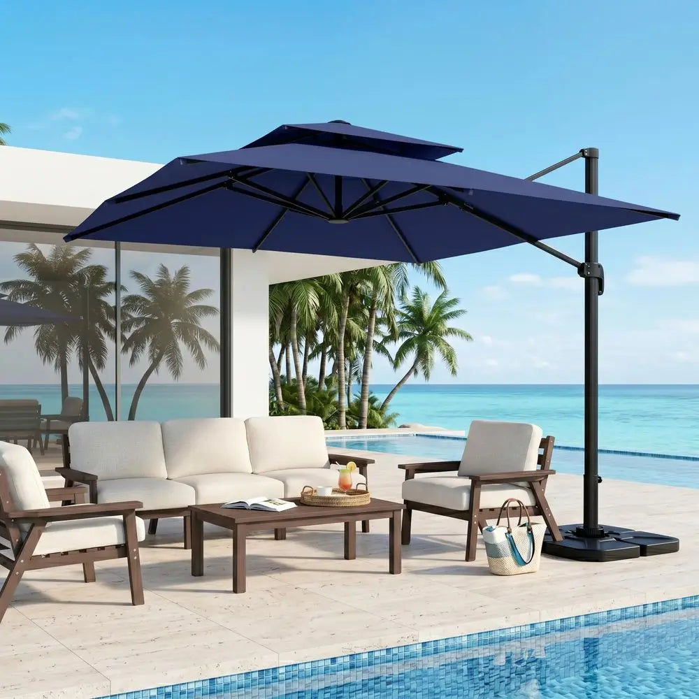 Cantilever Umbrella with Base Large Curvy Outdoor Aluminum Offset Umbrella w 360 Rotation, UV Resistant Canopy for Patio, Garde