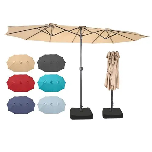 15 Ft Dual-Sided Outdoor Patio Umbrella With Crank Lift, UPF50+ Terylene Fabric Canopy And Heavy Base For Garden Deck Poolside