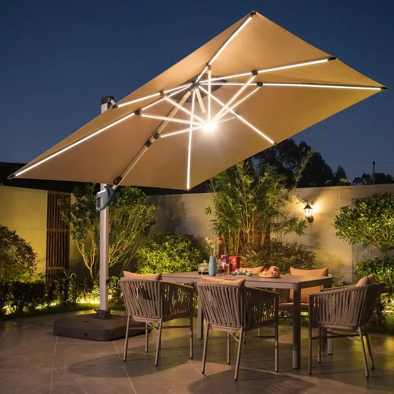 [280 Grams Canopy Polyester]Wholesale 12ft Solar LED Parasol &150kg Wheels Base Outdoor Cantilever Patio Garden Umbrella