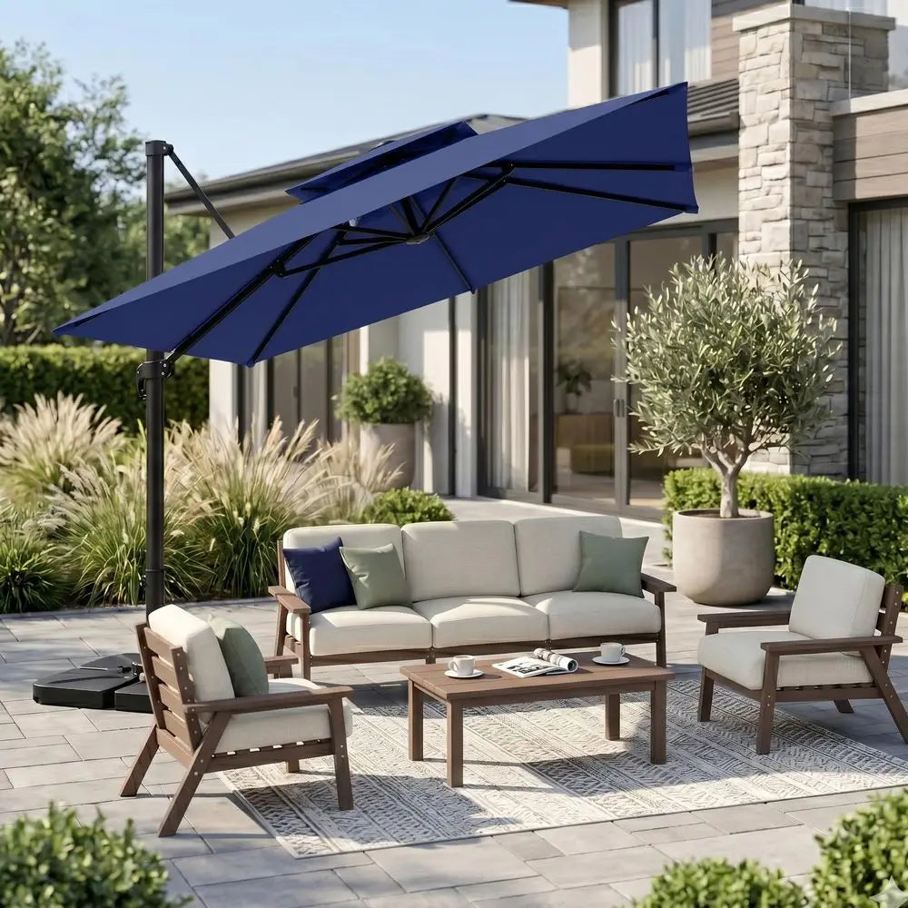 Cantilever Umbrella with Base Large Curvy Outdoor Aluminum Offset Umbrella w 360 Rotation, UV Resistant Canopy for Patio, Garde