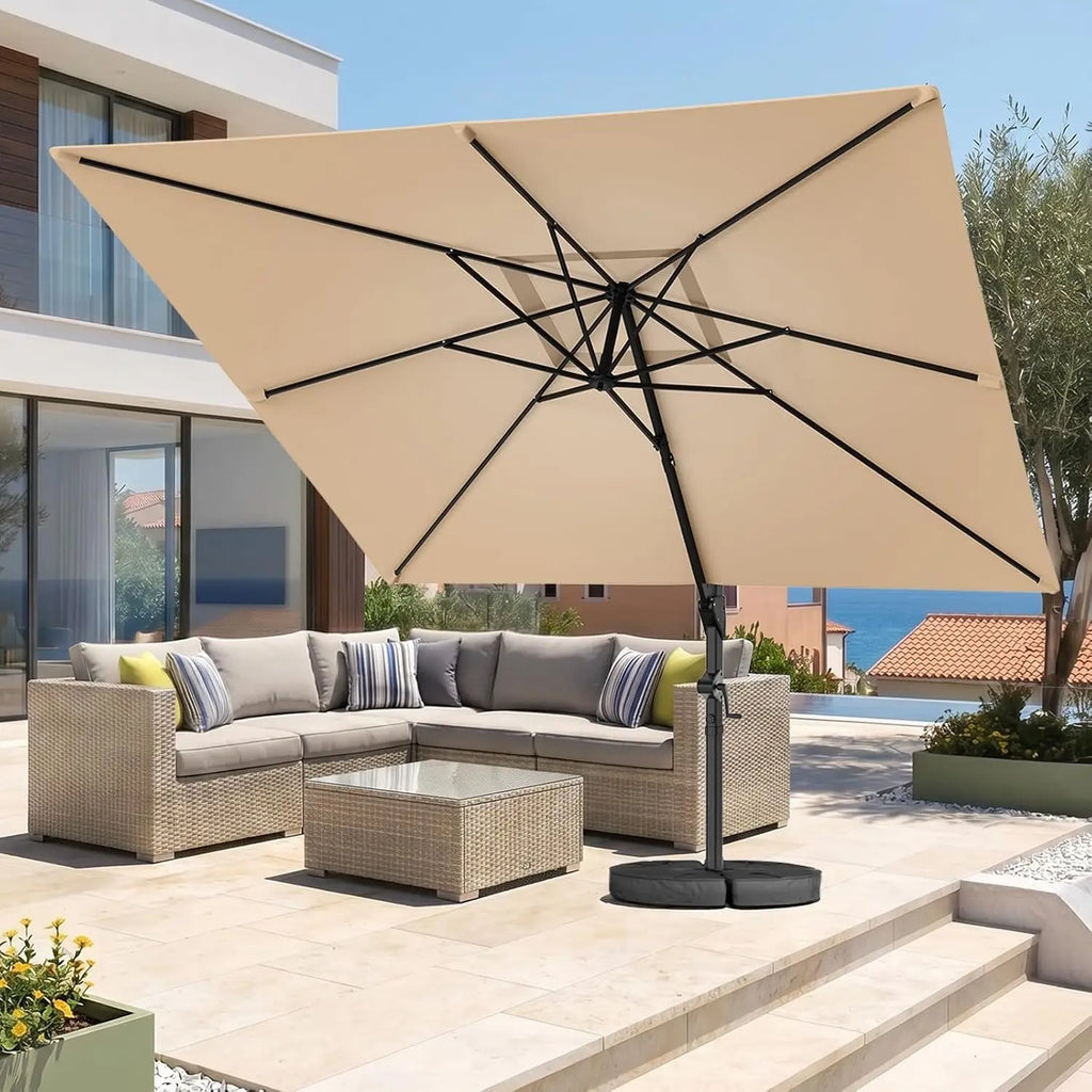 10 x 10 Cantilever Patio Umbrella With Counterweight Base Included Large Square Offset Outdoor Umbrella 360 Degree Rotation Heavy Duty Aluminum Frame 6 Tilts Sun Shade Canopy For Deck Pool Beige