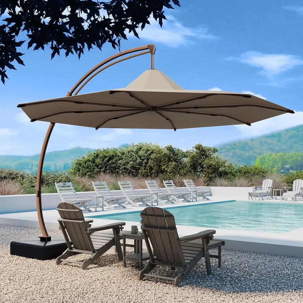 11FTPatioOffsetCantileverUmbrella Blooming Flower Canopy Outdoor Large Umbrellas with Base Aluminum Ribs Heavy Duty Curvy 360Ro