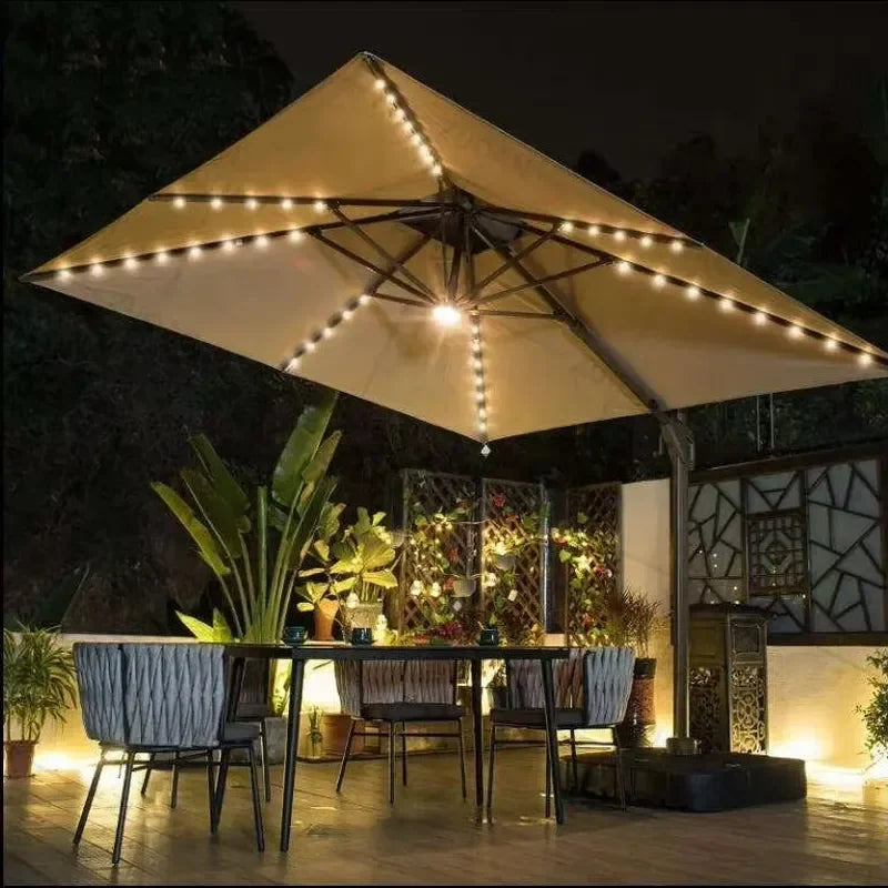 [280 Grams Canopy Polyester]Wholesale 12ft Solar LED Parasol &150kg Wheels Base Outdoor Cantilever Patio Garden Umbrella