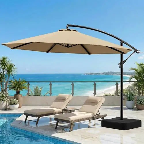 10FT Cantilever Offset Patio Umbrella with Base Included, Outdoor Patio Umbrella, Fade-Resistant Yarn-Dyed Canopy with